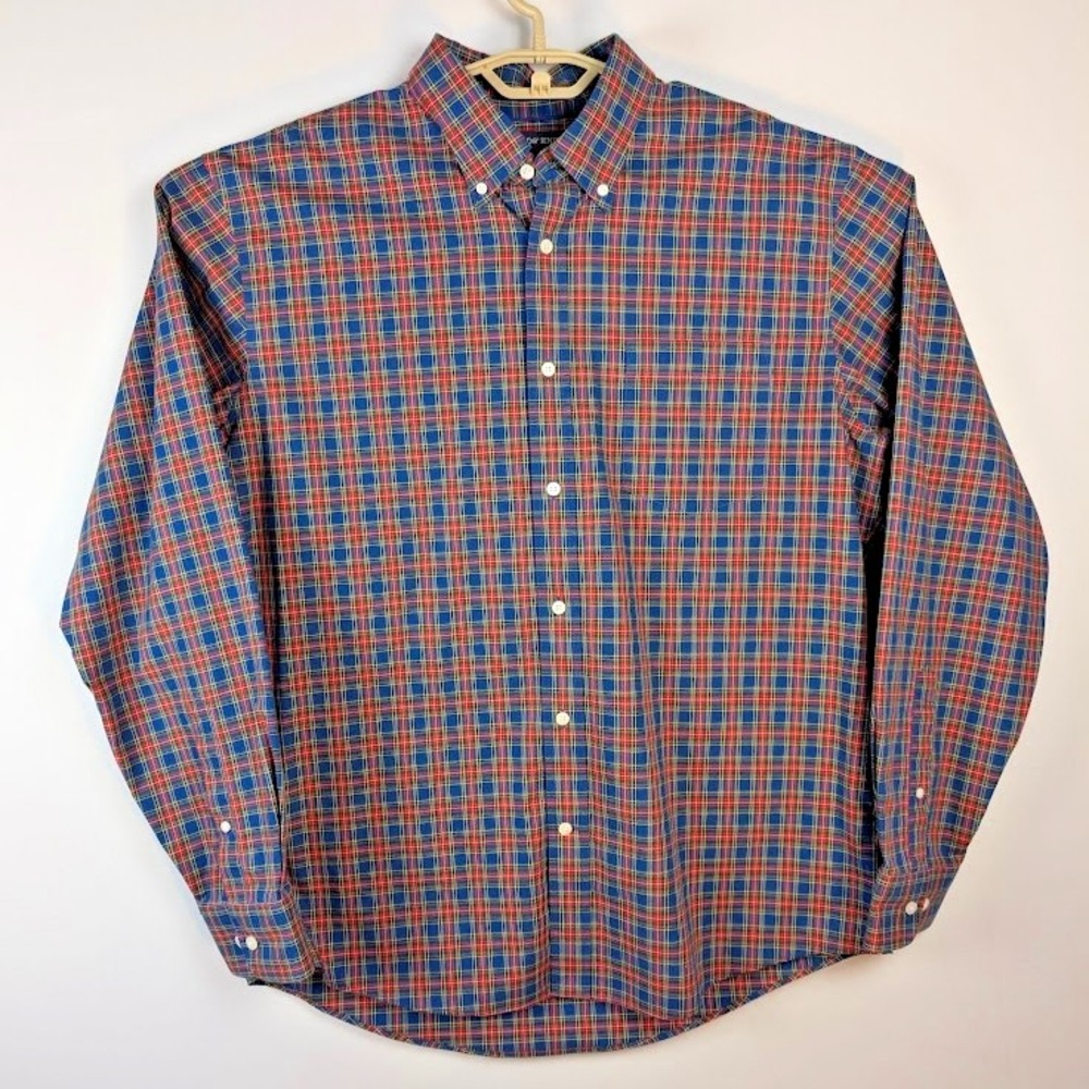 Lands' End No Iron Twill Shirt Men L (16) Tartan Plaid Long Sleeve Button Down